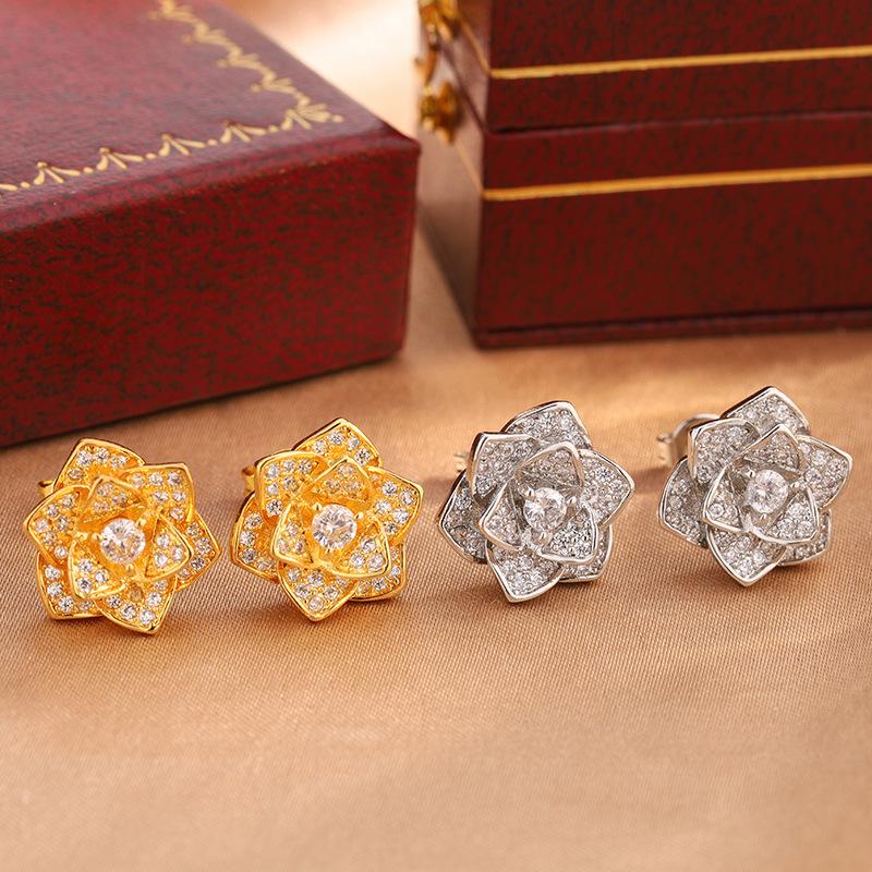 New European and American Niche Color Retention Gold Platinum Micro-inlaid Zircon Flower Ear Buckle Ear Hook Earrings Accessories