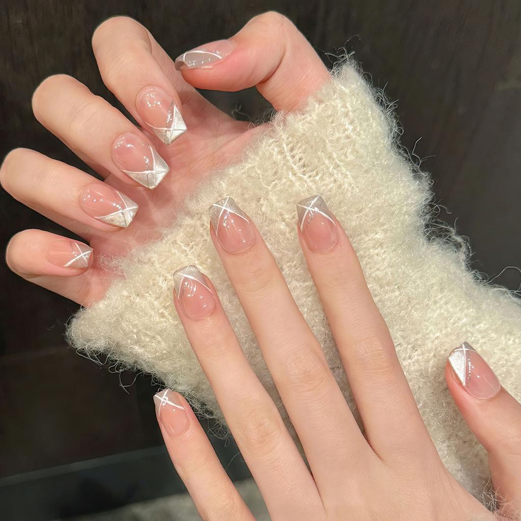 Nude Fake Nails with Cat Eyes Tip Reusable Long Lasting Press on Nails for Hot Girl Dress Matching