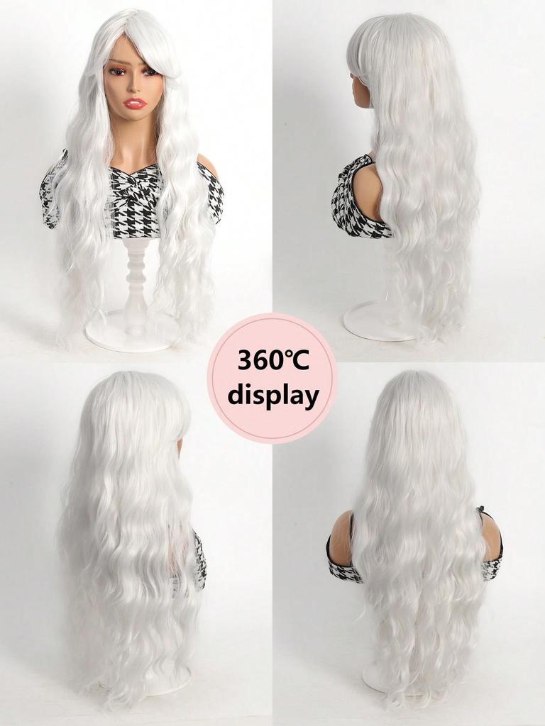 White Long Wig for Women 28 Inch Curly Wig Wavy Bangs Wig for Cosplay Party Halloween Christmas Daily Use