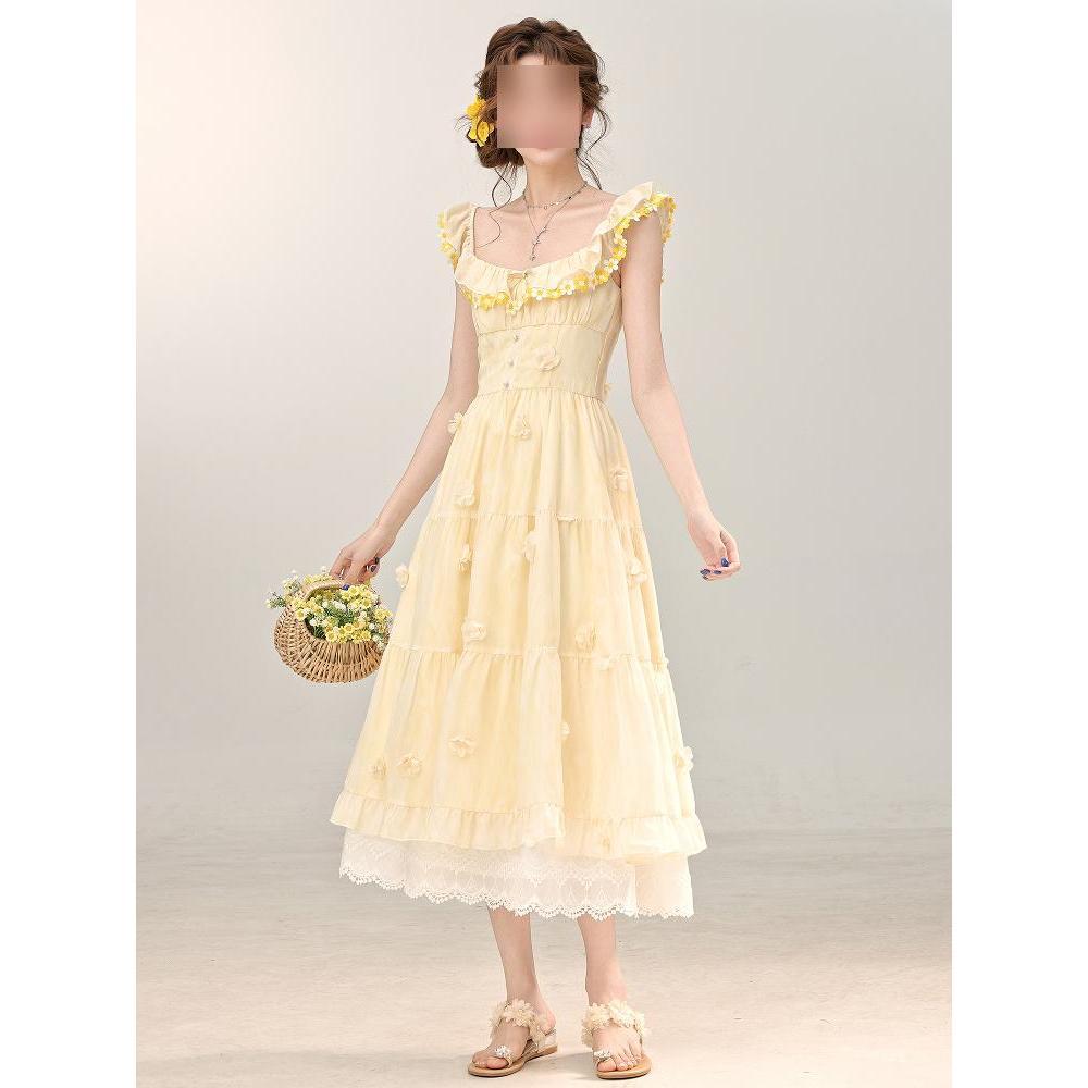 Французское платье-сарафан с квадратным вырезом и трехмерными цветами с открытыми плечами для девочек и девушек на лето, новое темпераментное и стройнящее длинное А-силуэта