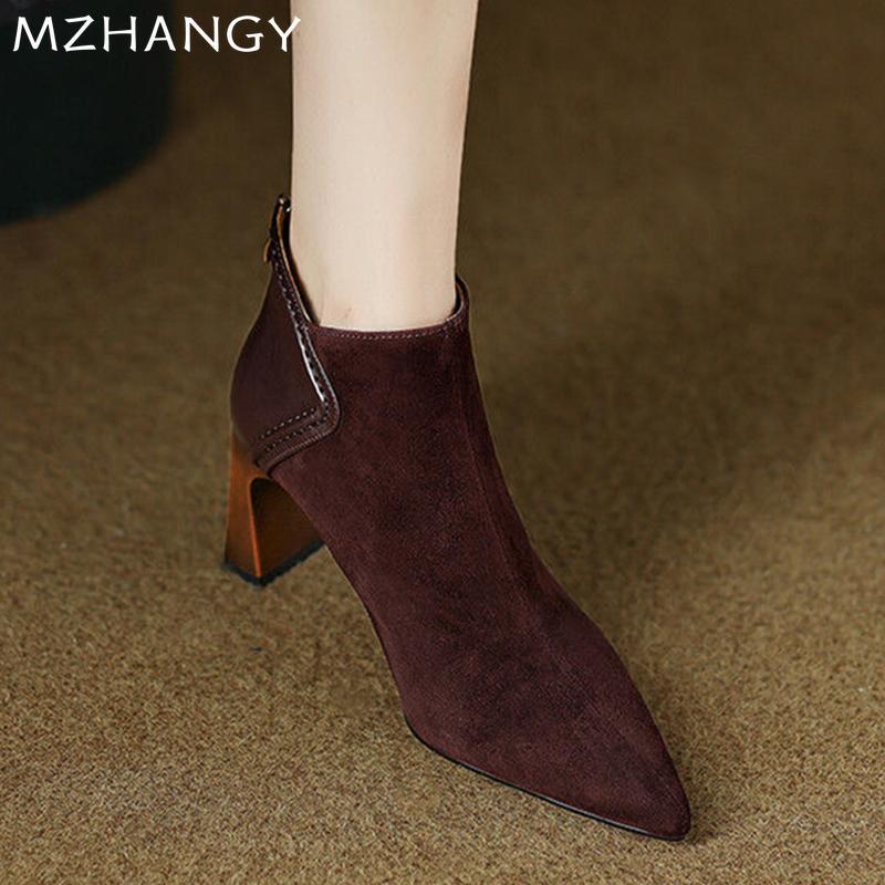 Модные женские замшевые ботильоны с острым носком, элегантные туфли на высоком каблуке, женская мода 2025 года, зимнее модное платье, новые туфли-лодочки, ботинки челси, Mujer