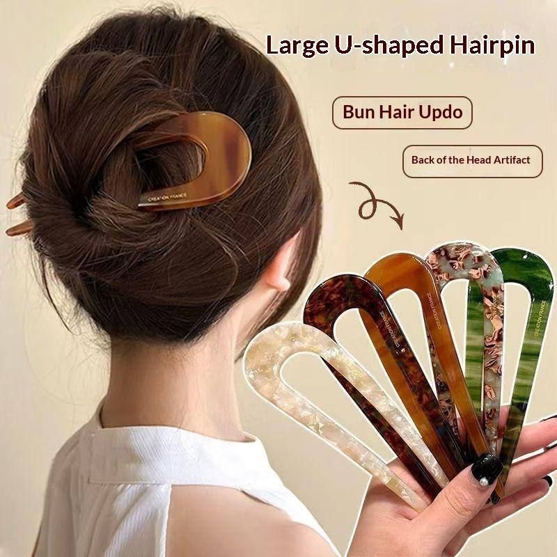 Large U Shaped Hair Forks Marble Acrylic Texture Strong Hold For Messy Bun Hairstyles Daily Wear Parties Office