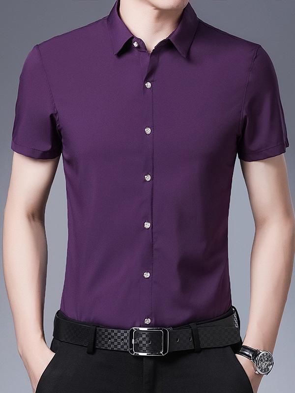 Men's Summer Solid Color Short-Sleeve Turn-Down Collar Shirt - Casual and Workwear Top