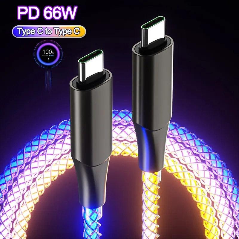 Цветной RGB-подсветка PD 66 Вт от типа C до типа C, кабель для быстрой зарядки и передачи данных для Xiaomi Redmi, Samsung, Huawei OPPO 6A, USB C, зарядный шнур для передачи данных