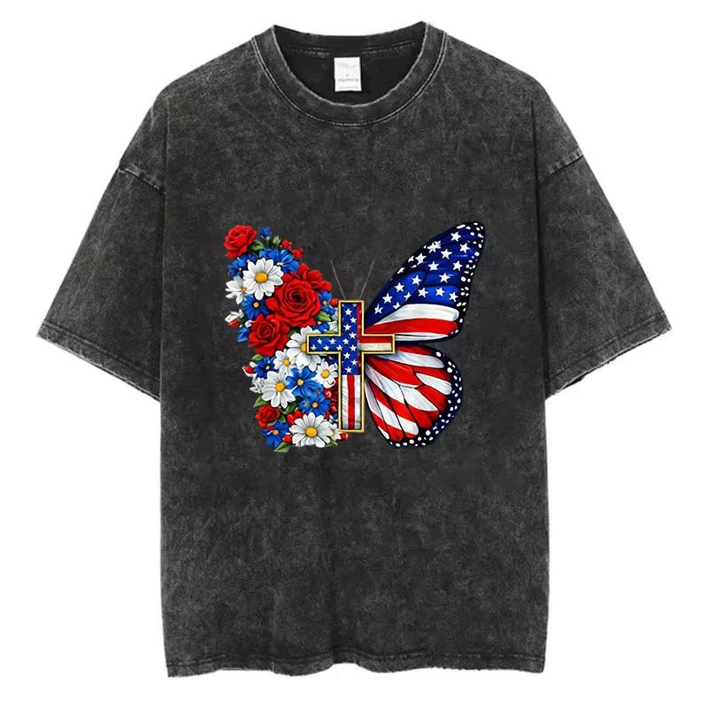 Vintage Washed Cotton TShirt Men Years USA Independence Day Graphic Tee Fighter Jet Patriotic Acid Wash