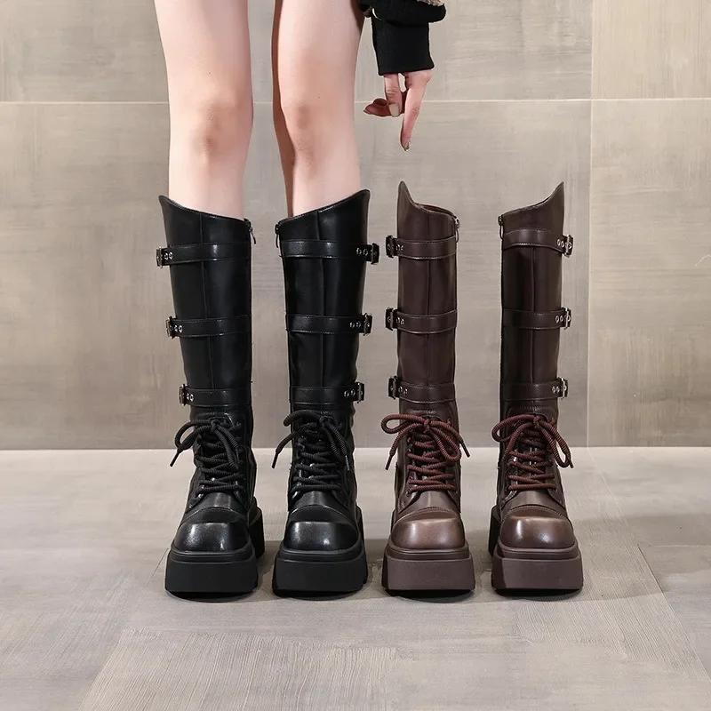 9,5 см модные женские ботинки из микрофибры синтетические кожаные ботинки осенние на платформе танкетка колено модные британские ботильоны весенние туфли