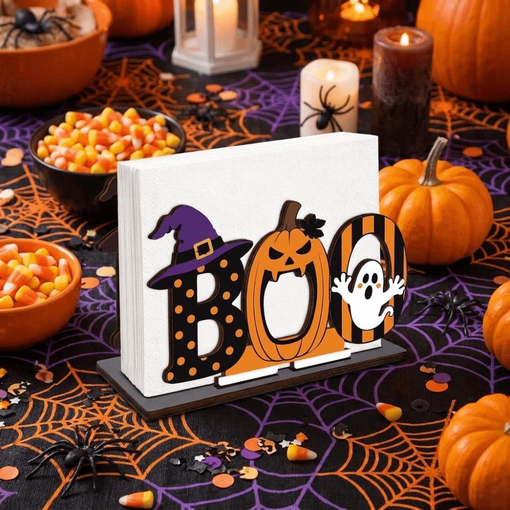 Wood Wooden Napkin Holder Ghost Pattern 2D Flat Tissue Holder Holiday Party