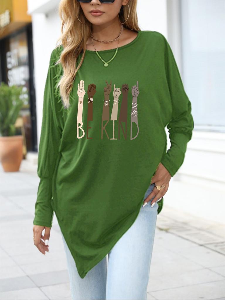 Women's Oversize Long-Sleeve Spring/Fall Asymmetrical Hem T-Shirt Fashion Printed Logn Sleeve Top