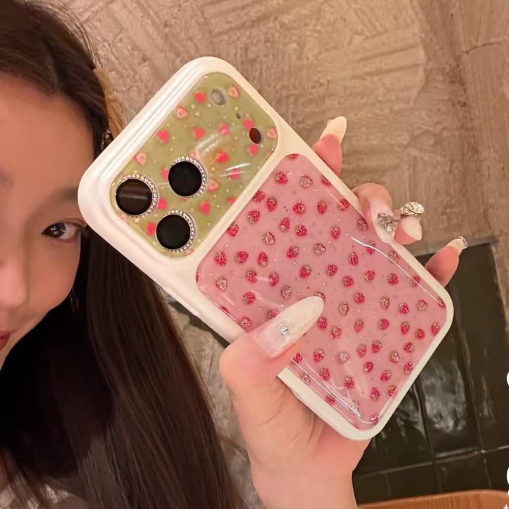 2026 Новый чехол для iPhone 17 Pro Max, двухцветный, дизайн с клубникой, полное покрытие, защита от падений, кнопки камеры, пружина, женский стиль