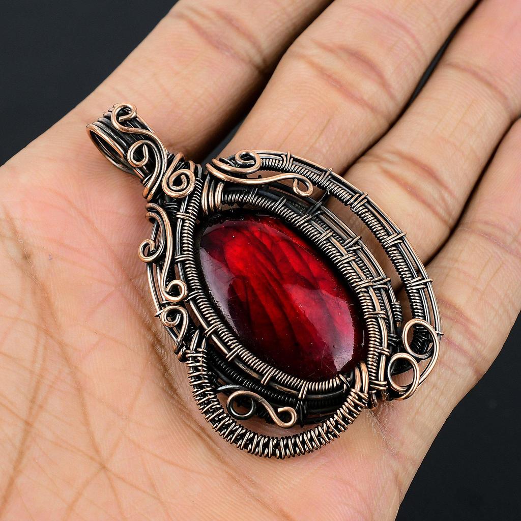 Red Flash Labradorite Pendant, 999 Copper Wire Wrapped Jewelry, Gemstone Jewelry Pendant, Handmade Wedding Gift Jewelry