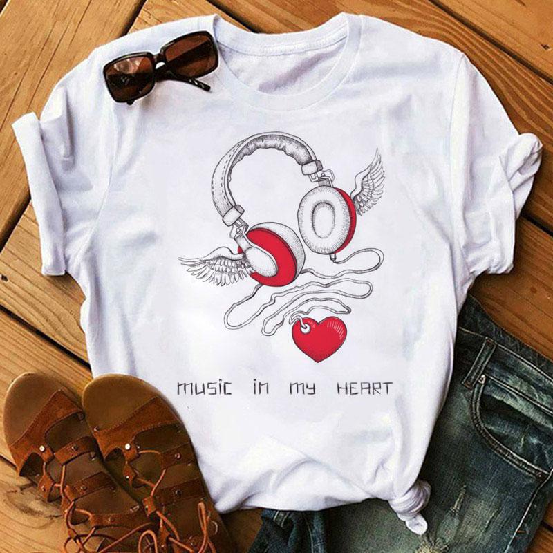 Футболка с принтом Music Note Heart, модная женская футболка 90-х годов, женские топы для девочек, милые футболки с короткими рукавами, женская футболка, одежда