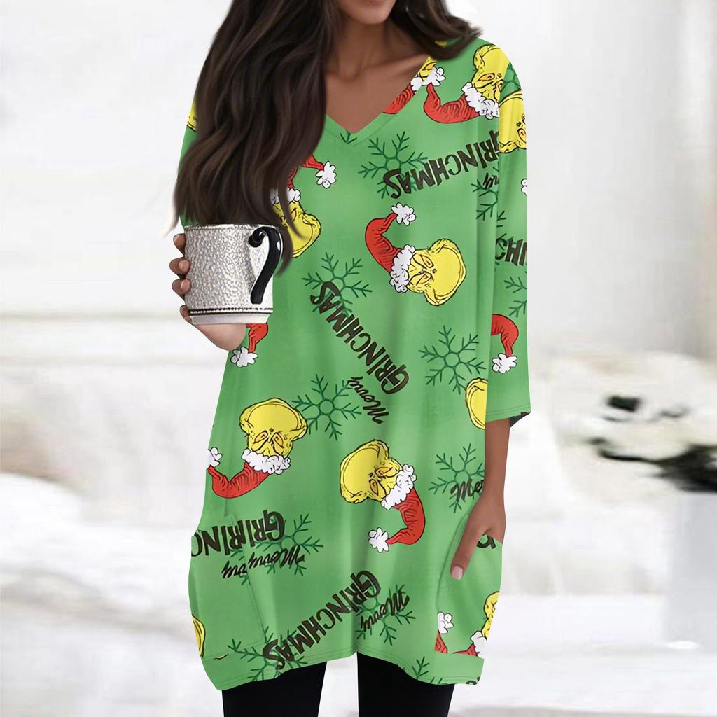 Женские топы с V-образным вырезом и рукавом 3/4, повседневные блузки средней длины, модные туники с рождественским принтом и карманами