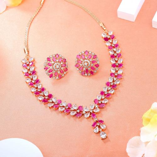Estele Rose Gold Designer Necklace Set with CZ Flower and Ruby Stones for Women