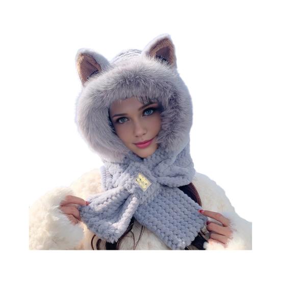 Thermal Elastic Scarf Hat Bear Ear Decor Autumn Winter 2 In 1 Scarf Hat Outdoor Activities Skiing Camping Warm Headwear