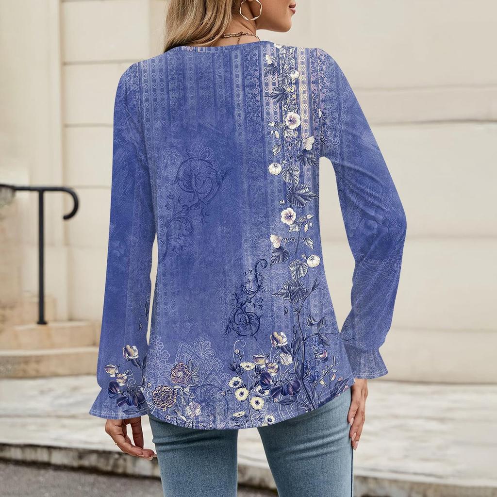 Women's Daily Casual Long-sleeved Striped Printed V-neck Top