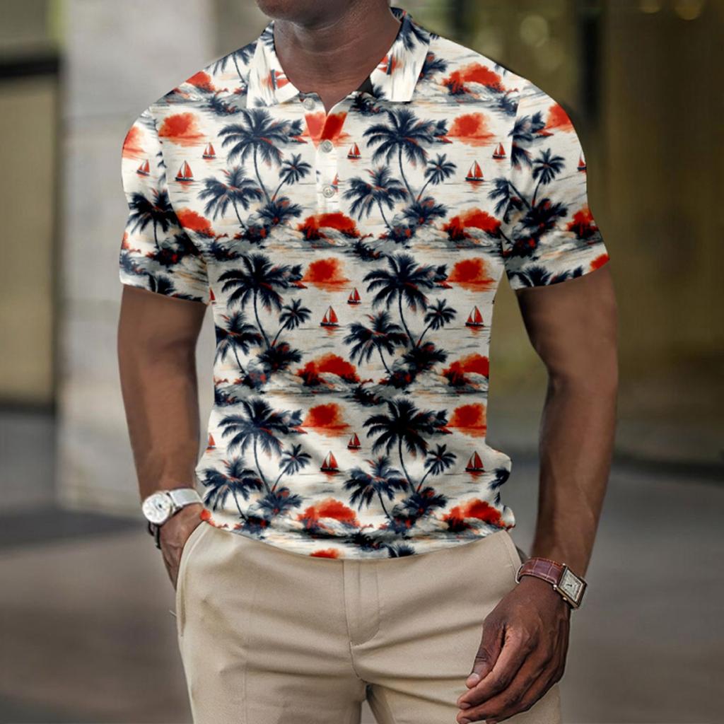 Men's Summer Hawaii Printed Golf Shirt Botton Short Sleeve Top Men's Casual Fashion Shirt