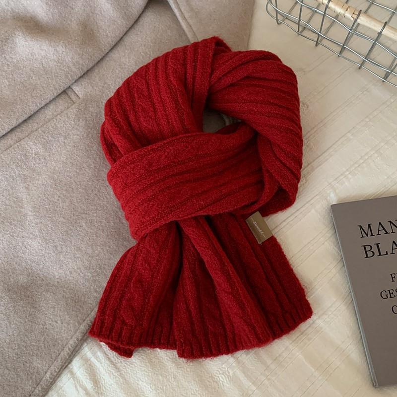 Soft Knit Wool Blend Scarf Women Winter Warm Cozy Korean Style Plain Color Chunky Cabled Neck Wrap
