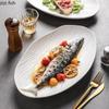 Pure White Water Ripple Ceramic Fish Plate Irregular Oval Plate Sushi Plate Steamed Fish Plates Hotel Creative Large Tableware