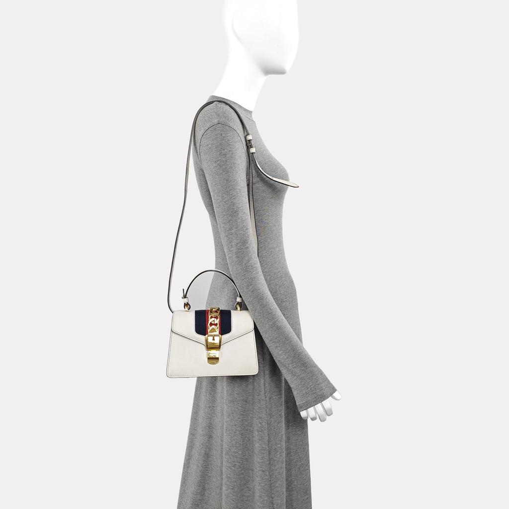 [Pre-Owned] Sylvie Gold Buckle Striped Web Leather Mini Tote Shoulder Crossbody Bag - Fair #1DUN1DC