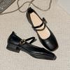 Soft Leather Single Shoes Women's Spring Style Shallow Mouth Square Head Thick Heel One-word Buckle Mary Jane Shoes Square Head Grandma Shoes