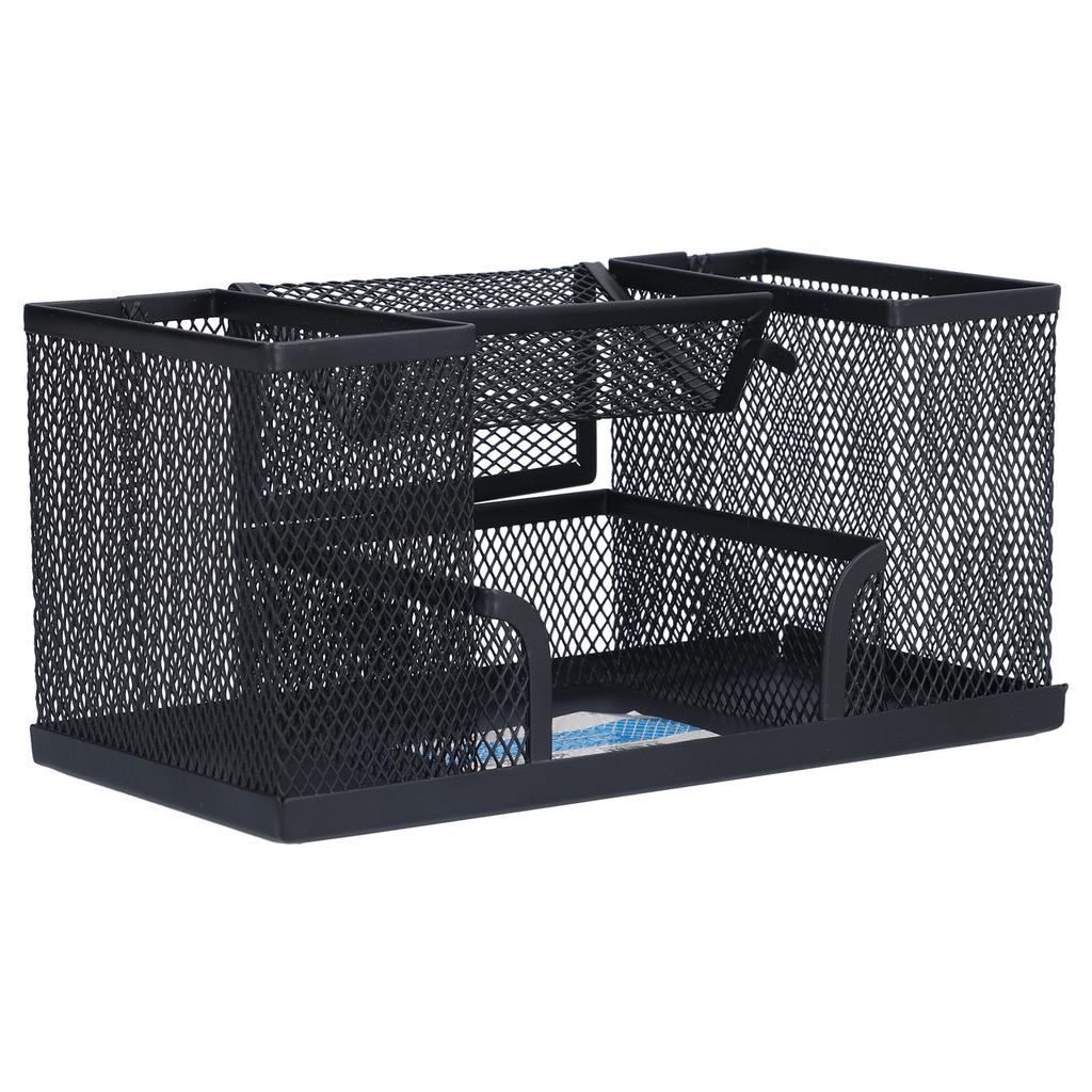 Pen Holder Metal Rectangular Grid Pencil Container Black Desk Storage Box for Office