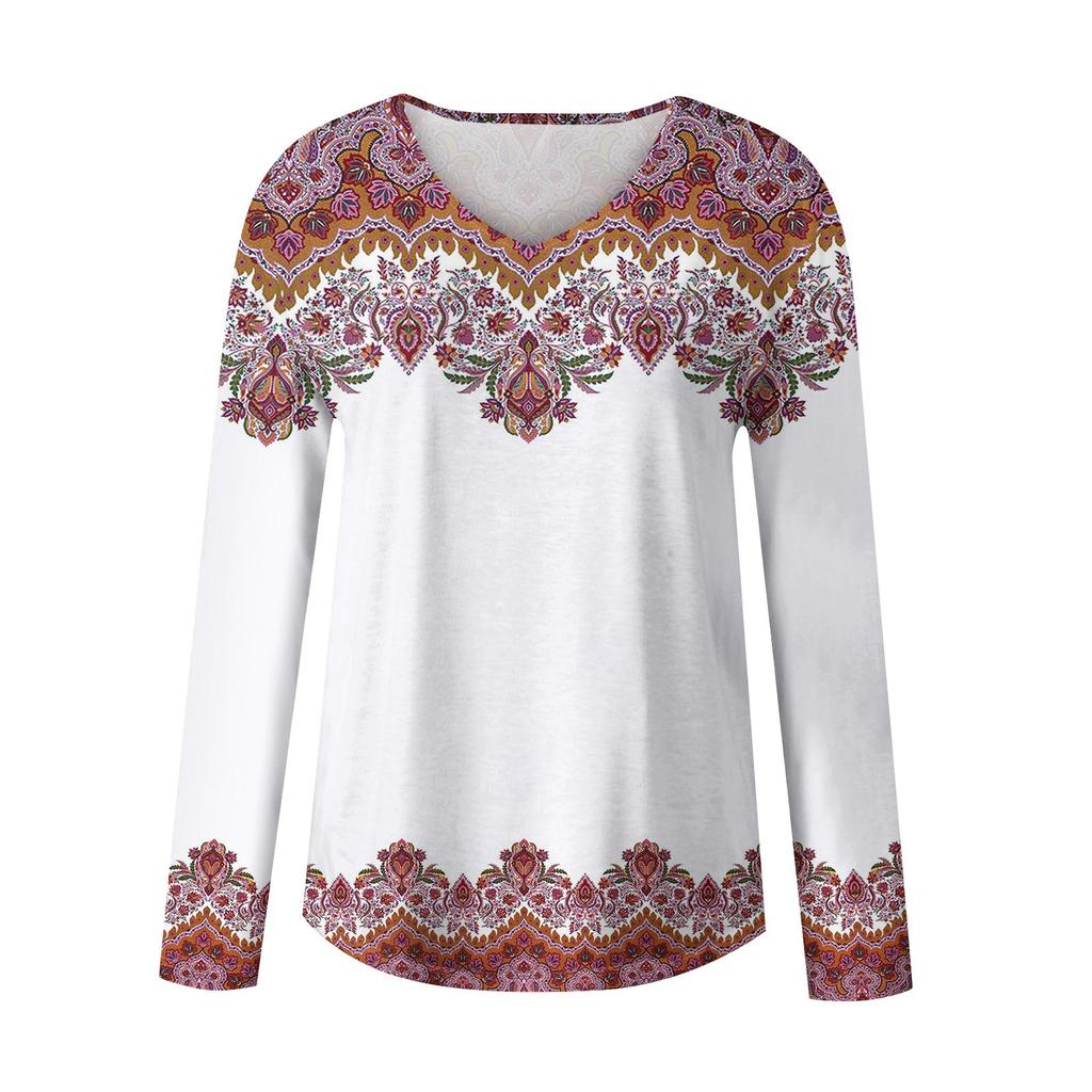 Women's Long Sleeved Retro Floral Print V-neck Top T-shirt