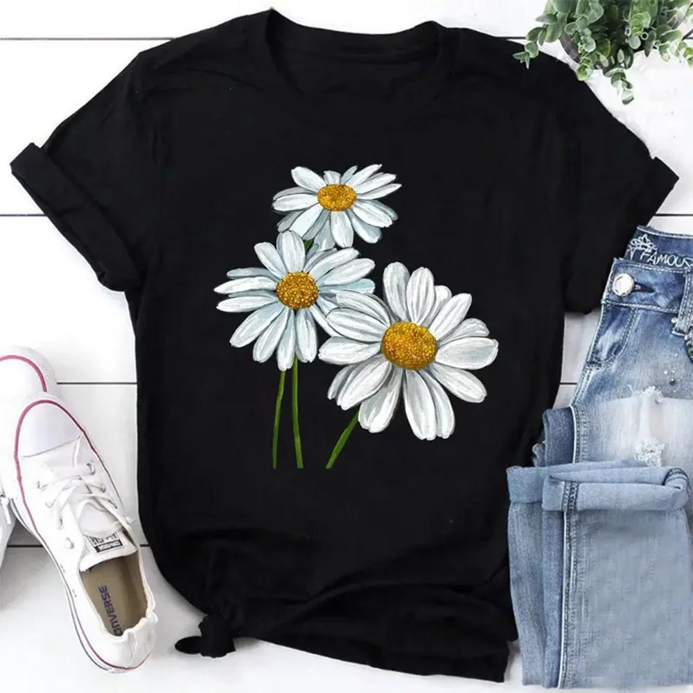Plus Size Casual T-shirt Women's Plus Daisy Print Short Sleeve Round Neck Slight Stretch T-shirt