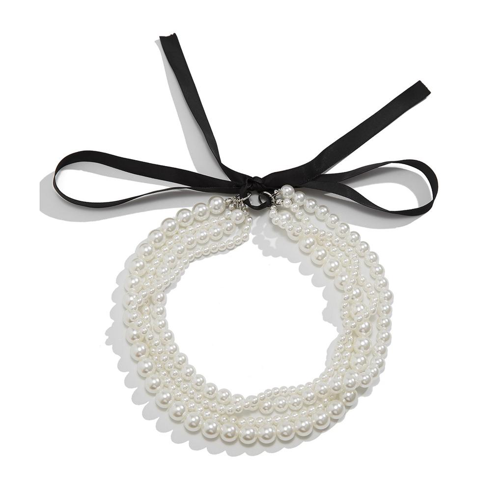 Boho Black Bow Pendant Necklace 2024 Women's Multi Layer Sweet Imitation Pearl Beads Girl Fashion Wedding Jewelry