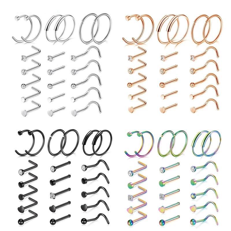 Комплект для пирсинга носа, перегородка, ноздри, кольца и шпильки из нержавеющей стали, хрустальный ювелирный обруч для пирсинга носа, 20 г, L-образный носовой ноготь