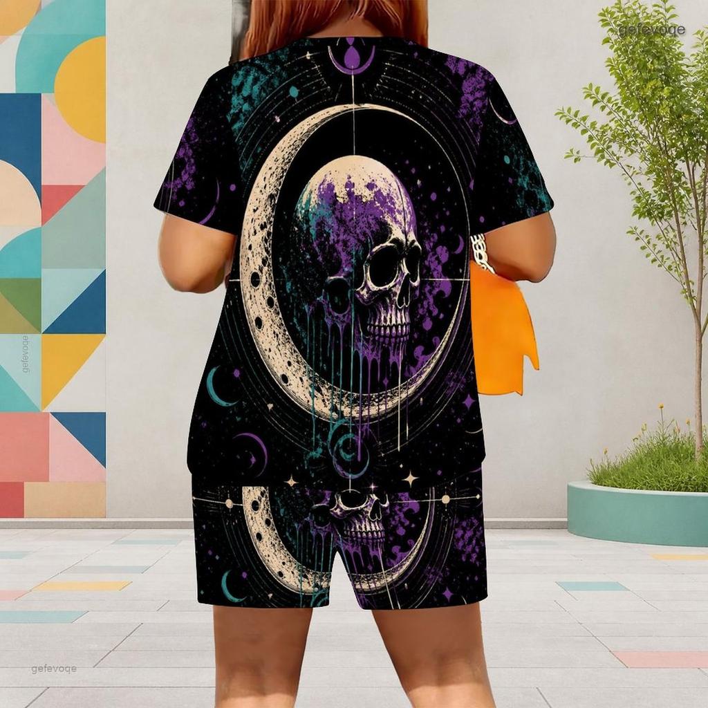 Women Plus Size Blue Floral Printed Round Neck Short Sleeve Top Pocket Shorts Two Piece Set