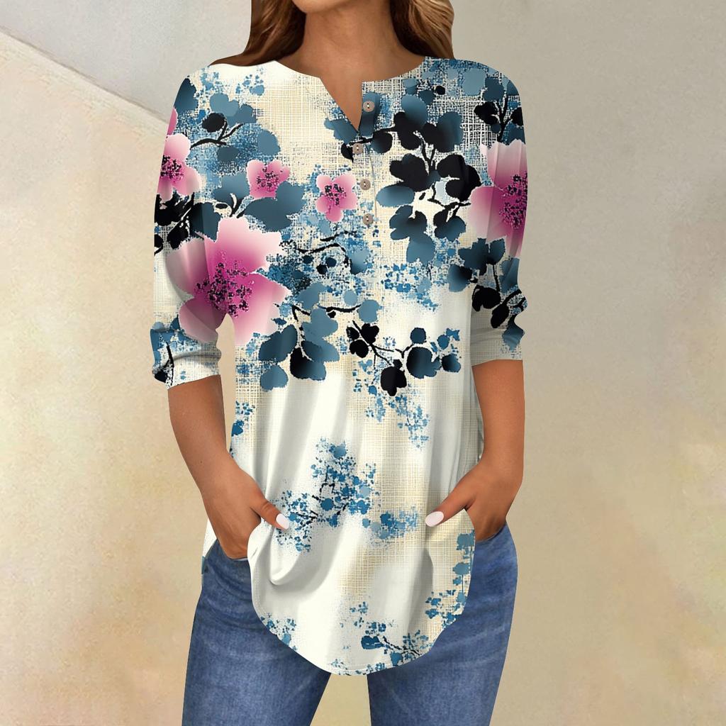 Женская мода свободный воротник на пуговицах с принтом рукав 3/43/4 футболка топы пуловер