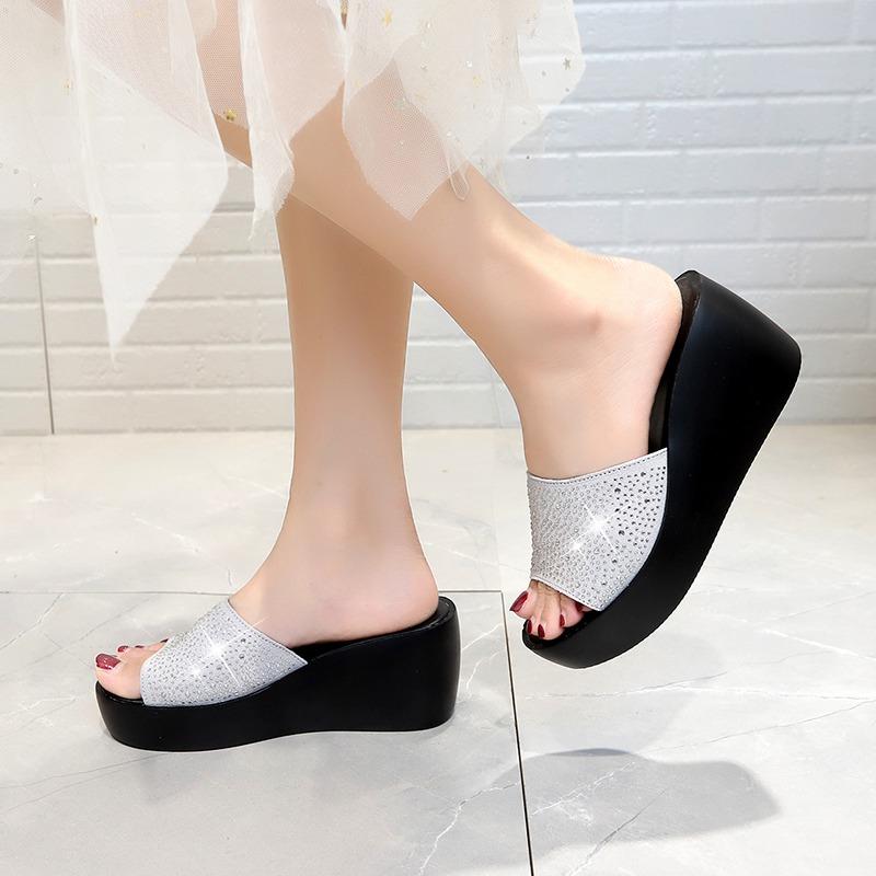 Мода 2024 года, женские тапочки, летние, на платформе, с открытым носком, со стразами, женские, однотонные, женские, повседневные, для отдыха на природе, женские