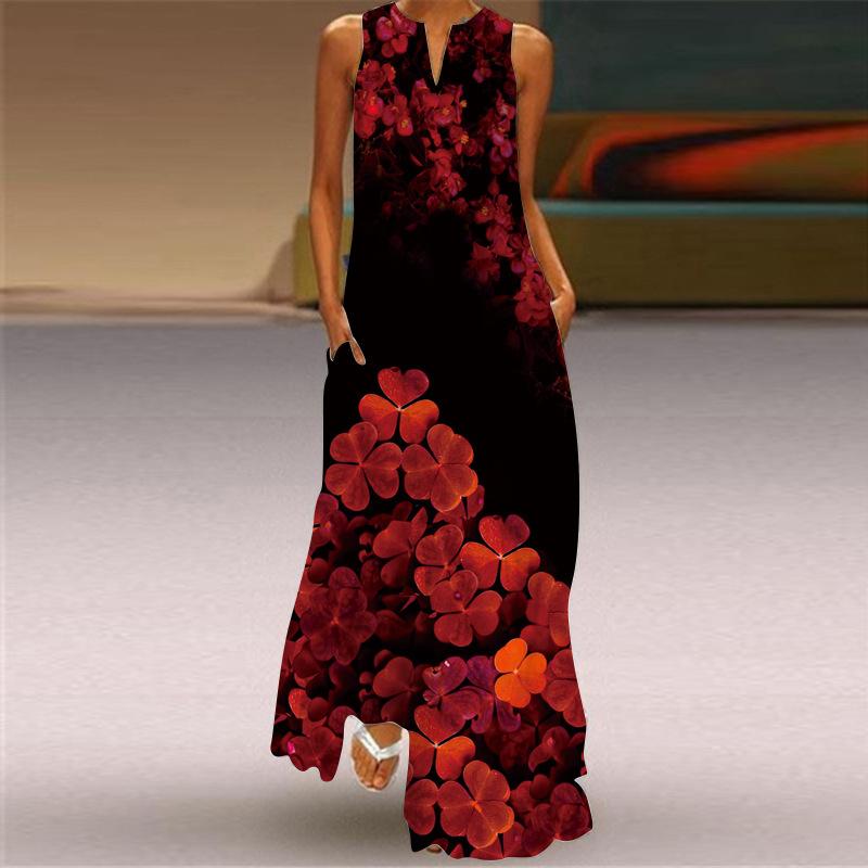 2026 New Summer Women's Sleeveless V-Neck Printed Sexy Dress Long Dress European and American Women's Clothing