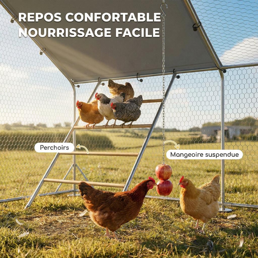 Chicken Coop Enclosure, 12 m2, Wire Mesh, Perch, Galvanized Steel, 300 x 400 x 195 cm, Silver