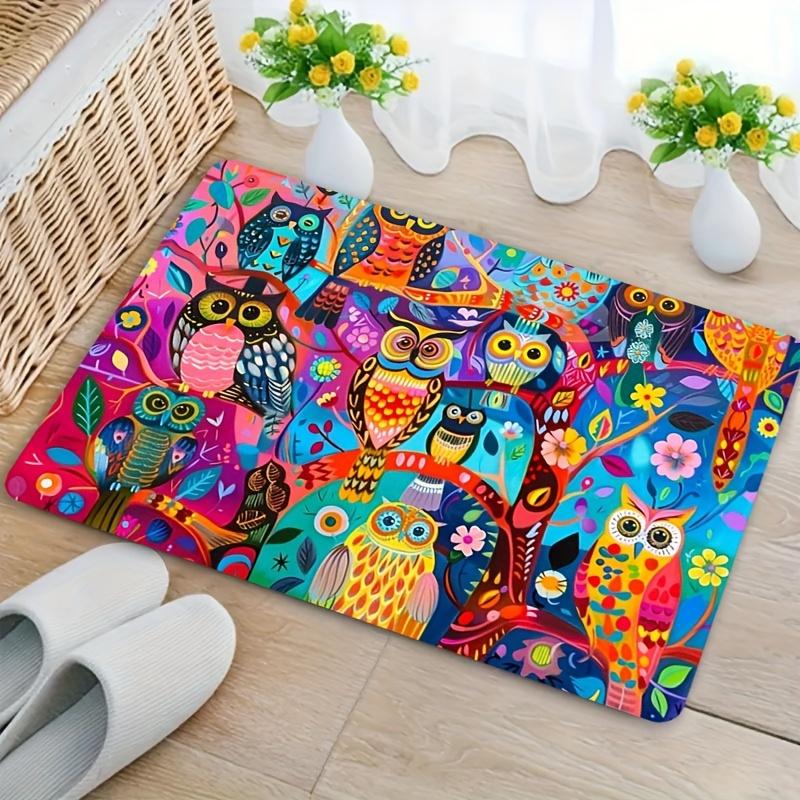 2D Flat Colorful Owls Flowers Trees Psychedelic Art Flannel Door Mat Non Slip Boho Entryway Rug For Home Patio Decor