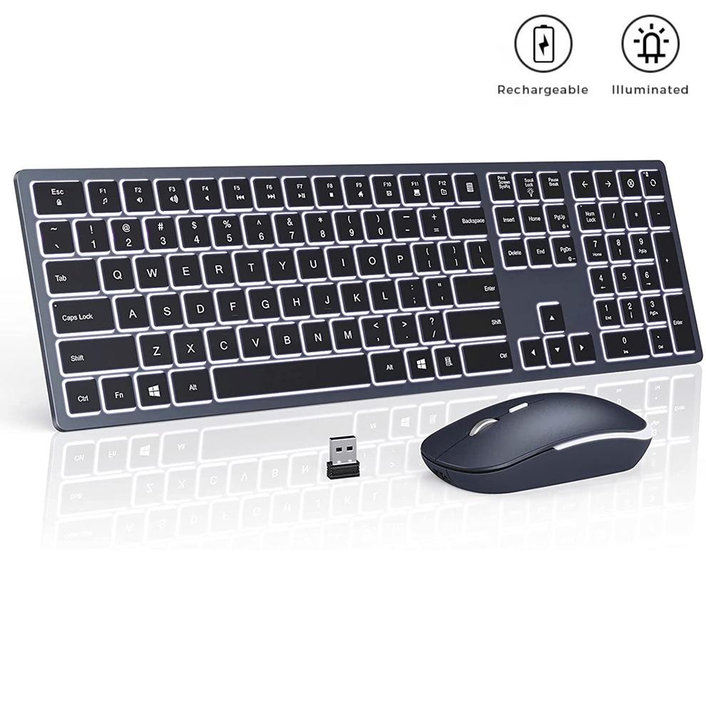 Беспроводная клавиатура и мышь с подсветкой, комбинированный комплект перезаряжаемой клавиатуры и мыши 2,4G, клавиатура и мышь для компьютеров и ноутбуков с ОС Windows