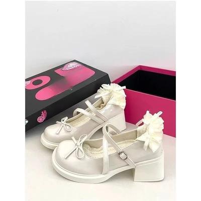 Модные французские туфли-лодочки с бантом из ленты на высоком каблуке для женщин 2025 лето новая маленькая платформа блочный каблук маленькие кожаные туфли