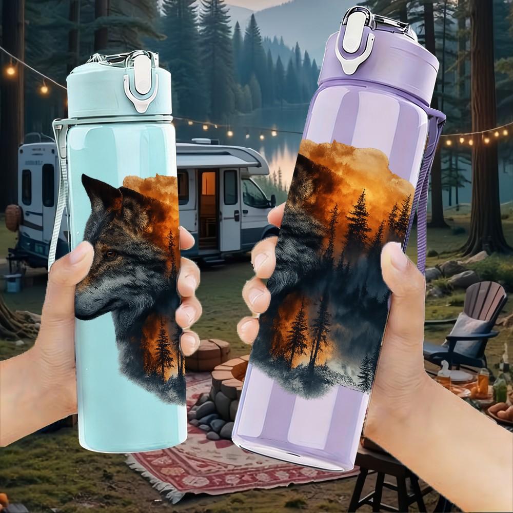 1PC Half Face Fox Wild Animal Print 750ml Color Plastic Sports Water Bottle Leakproof Flip Straw Lid Suitable for Sports Office Home Use