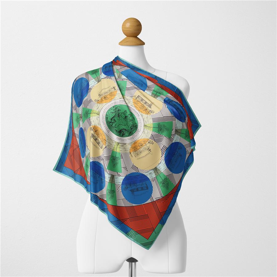 Twill Silk Scarf Woman Circle Painting Square Scarves Wraps Bandana Small Hijab Silk Foulards Tie Headband Neckerchief 53CM
