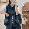 New Denim Vest Women's Spring and Autumn Stand Collar Color-blocking Slim Vest Casual Meat-covering Short Cardigan Top Jacket