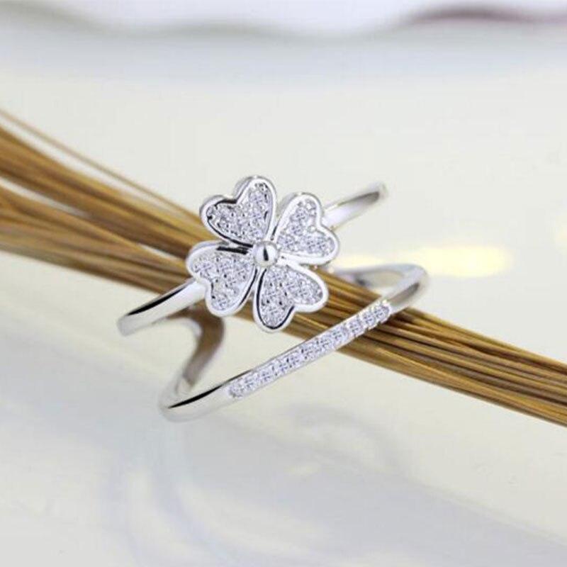 925 Sterling Silver Double Layer Heart Cute Lucky 4 Leaf Clover Opening Rings For Women Jewelry Dropshipping S -R193