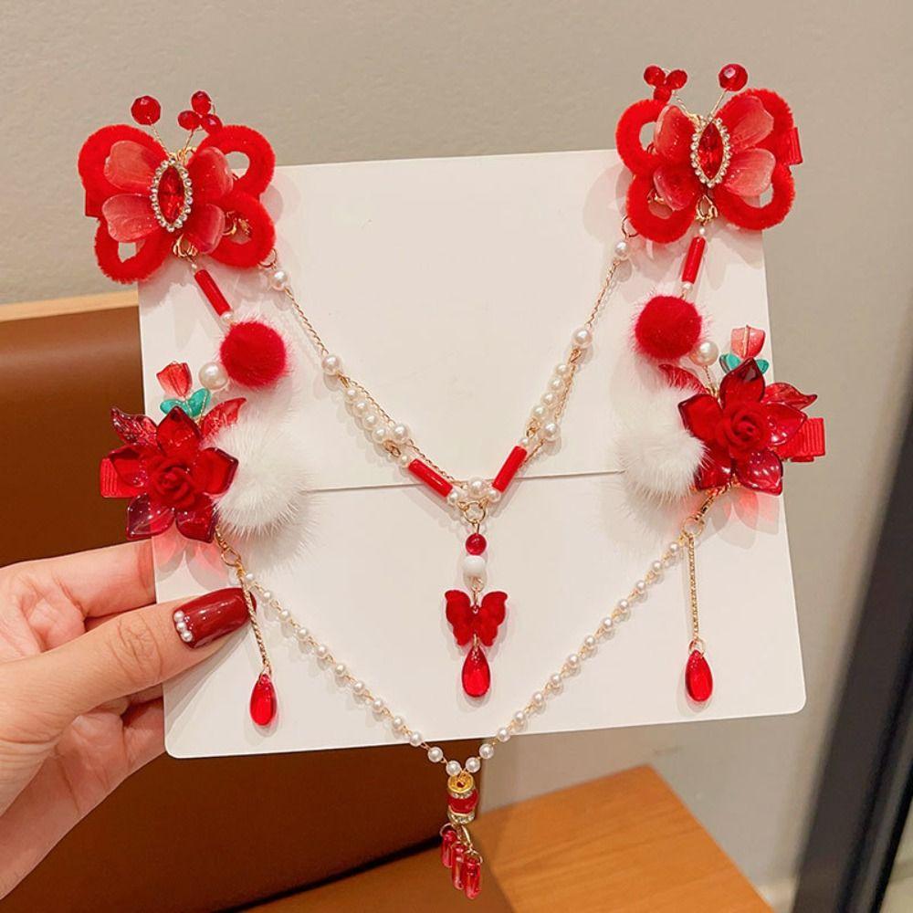 Hanfu Headwear Chinese Style Red Barrettes Forehead Chain Ancient Style Hair Clip  Festival