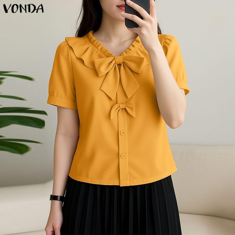 VONDA Женская блузка с лацканами, короткими рукавами, пуговицами, бантом, повседневная, укороченная