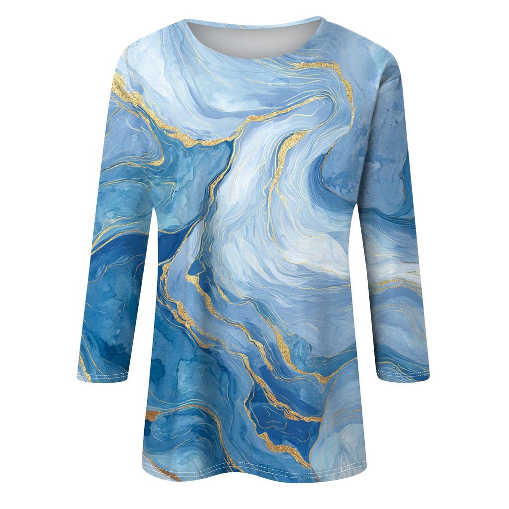 Women's Fashion Casual Round Neck Three-quarter Sleeve Gradient Print T-shirt Top