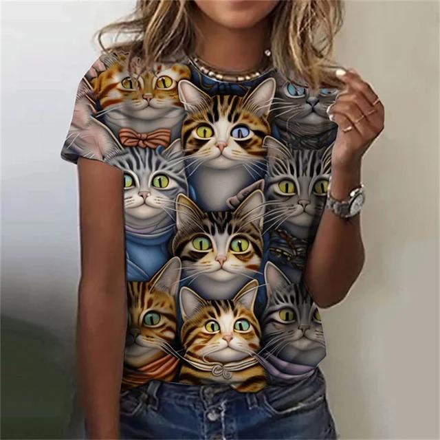 Модная женская футболка с 3D принтом Kawaii Cat Pattern, топ с короткими рукавами и круглым вырезом, летняя уличная повседневная уличная простая одежда