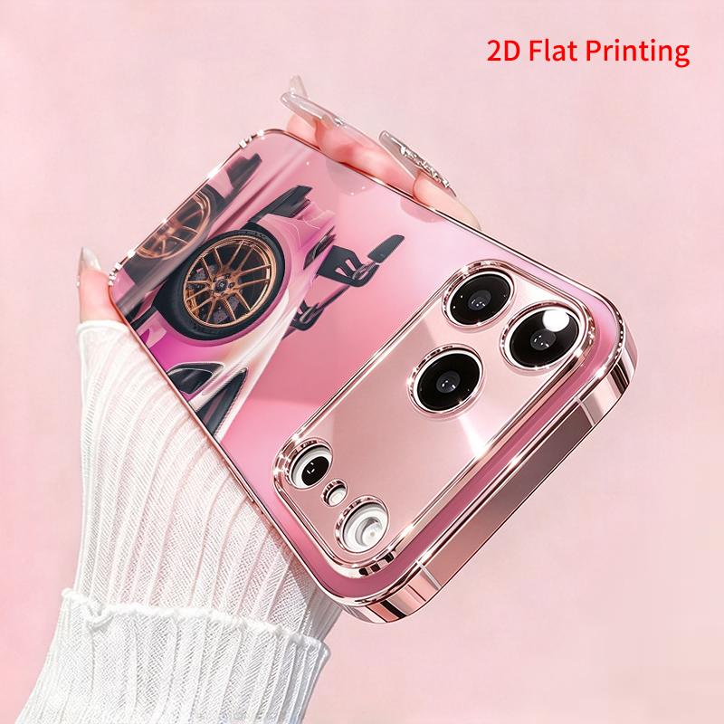 2DFlat electroplated tempered glass phone case,Pink sports car with gold rims,suitable for iPhone 18 Pro Max 17 16 15 14 13 12 11