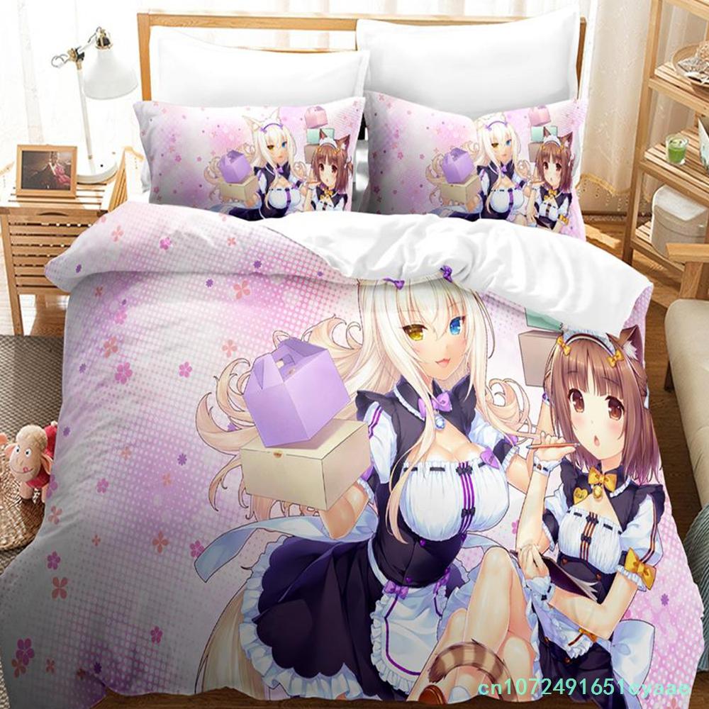 Каваий комплект постельного белья Nekopara Односпальный Полуторный Двуспальный Кинг-сайз Комплект для кровати Взрослый Детский Спальня Комплекты пододеяльников Аниме Parure De Lit Bed