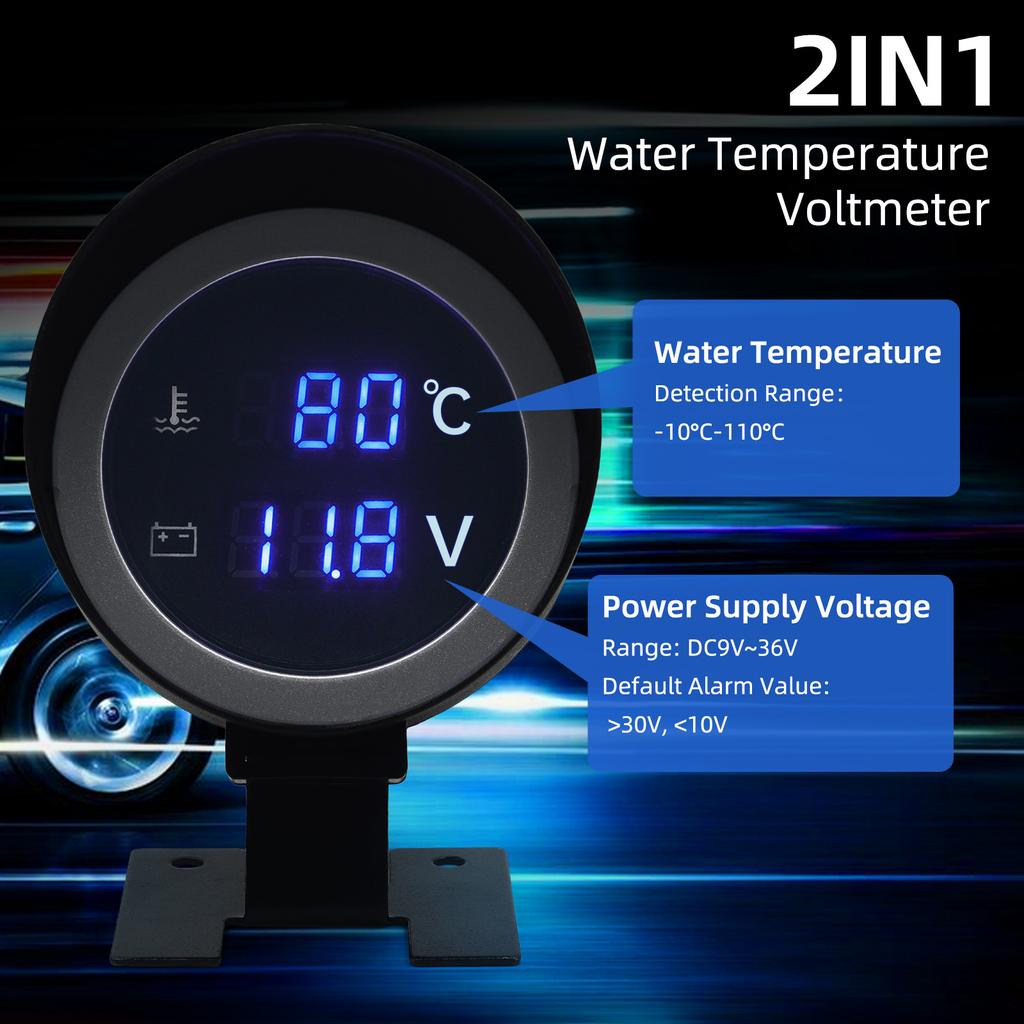 AD 2 in 1 12V 24V Round Led Digital Car Truck Water Temp Gauge Temperature Sensor Temperatura Moto Voltmeter Volt Voltage Meter