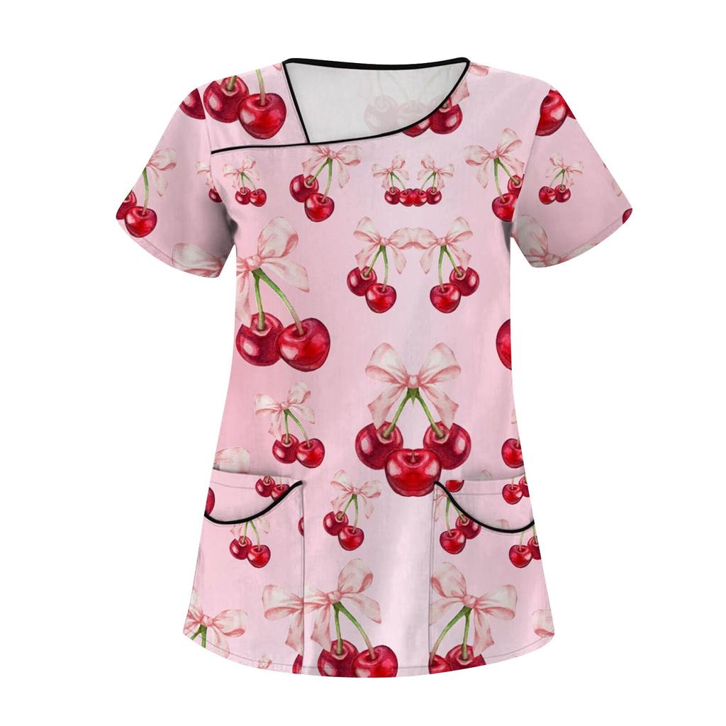 Женская мода с бантом и принтом, короткий рукав, рабочая одежда с двойными карманами