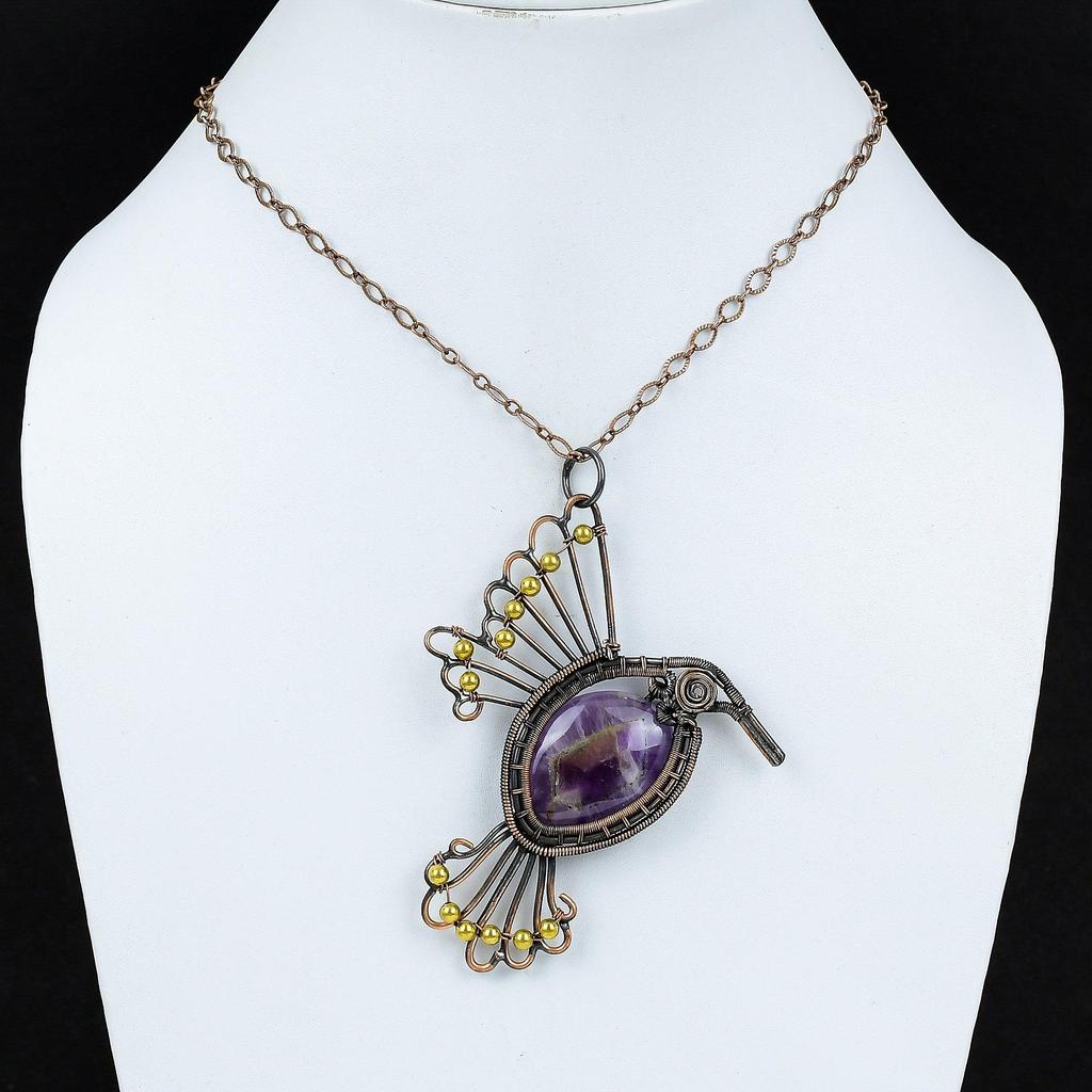 Кулон со звездой и аметистом, кулон в медной проволоке, ювелирные изделия ручной работы, уникальный кулон в виде птицы, удивительные медные украшения, кулон с драгоценным камнем, подарок для жены